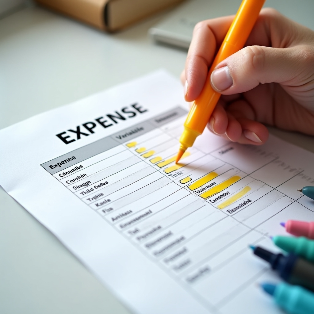 Schema di classificazione delle spese mensili su carta con evidenziatori colorati