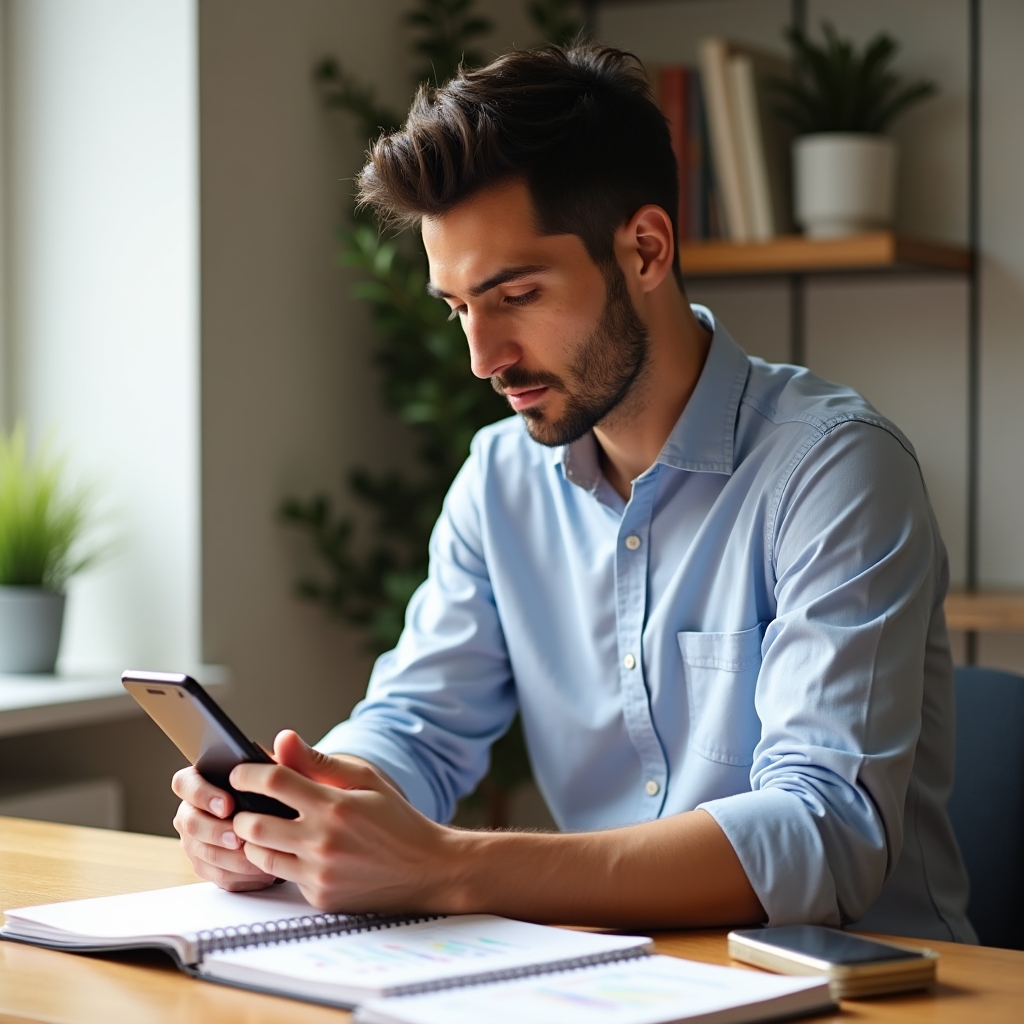 Giovane lavoratore che organizza le spese mensili con il metodo a busta digitale