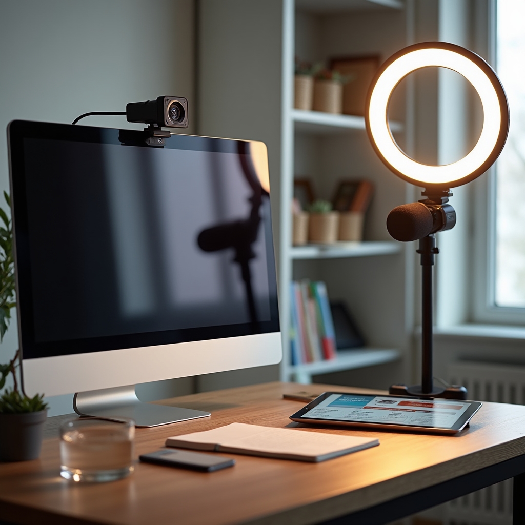 Spazio di lavoro attrezzato per sessioni di formazione online con monitor e webcam